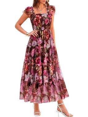 〽️Women's Floral Brown Pink Tulle Midi Dress Smocked Square Neck Wedding Party